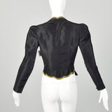 XS 1940s Jacket Black Taffeta Tie Waist Scallop Edge Gold Trim Embroidery Evening Jacket