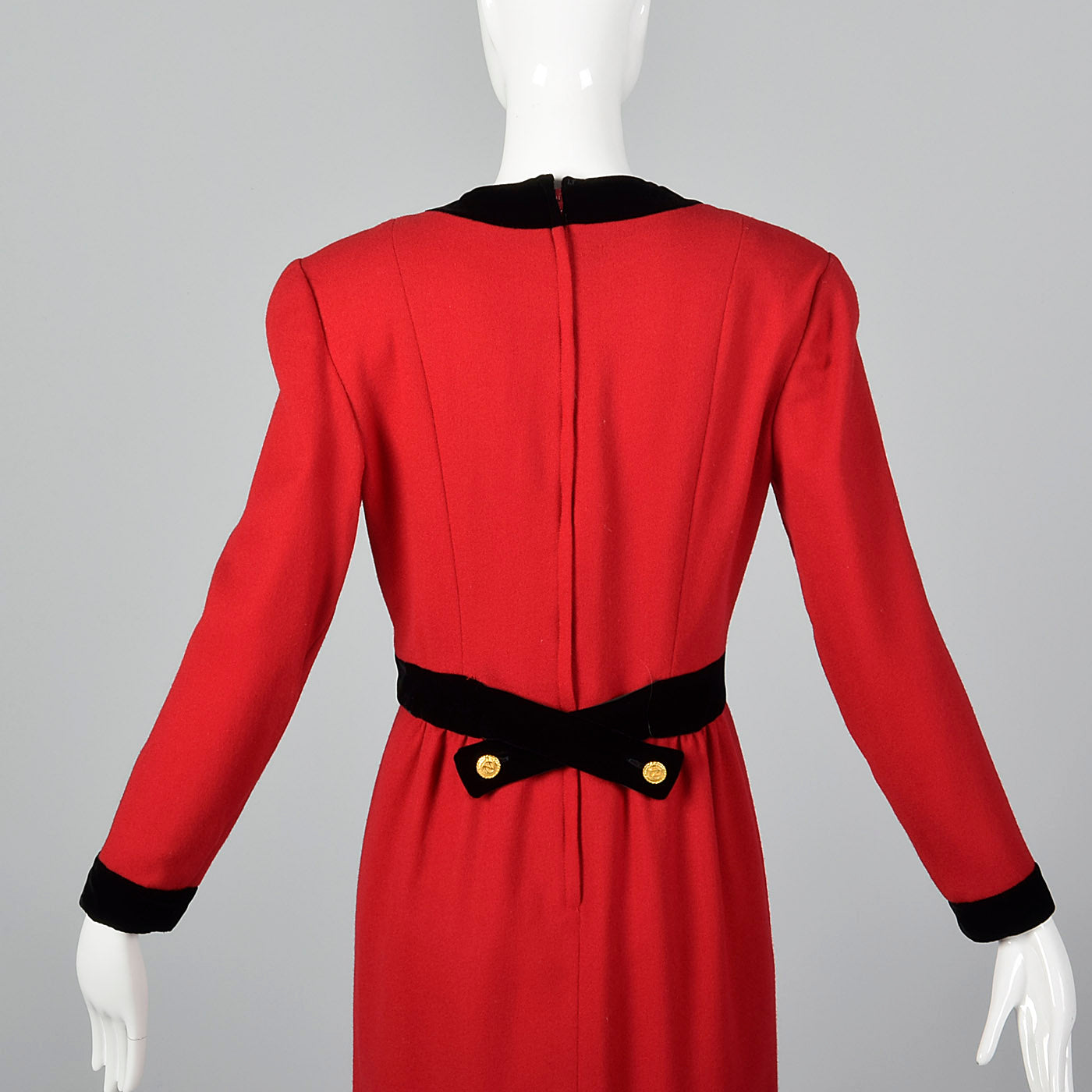 1980s Red Wool Dress with Black Velvet Trim