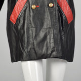 XL 1980s Military Inspired Black Leather Jacket Double Breasted with Red Trim
