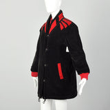 Medium 1980s Winter Coat Red Layered Look Black Corduroy