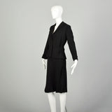 Medium 1970s Pauline Trigere Black Linen Skirt Set Sexy Jacket Classic Bias Cut Flirty Skirt