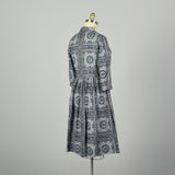 Large 1950s Day Dress Grey Novelty Block Print Cotton Summer