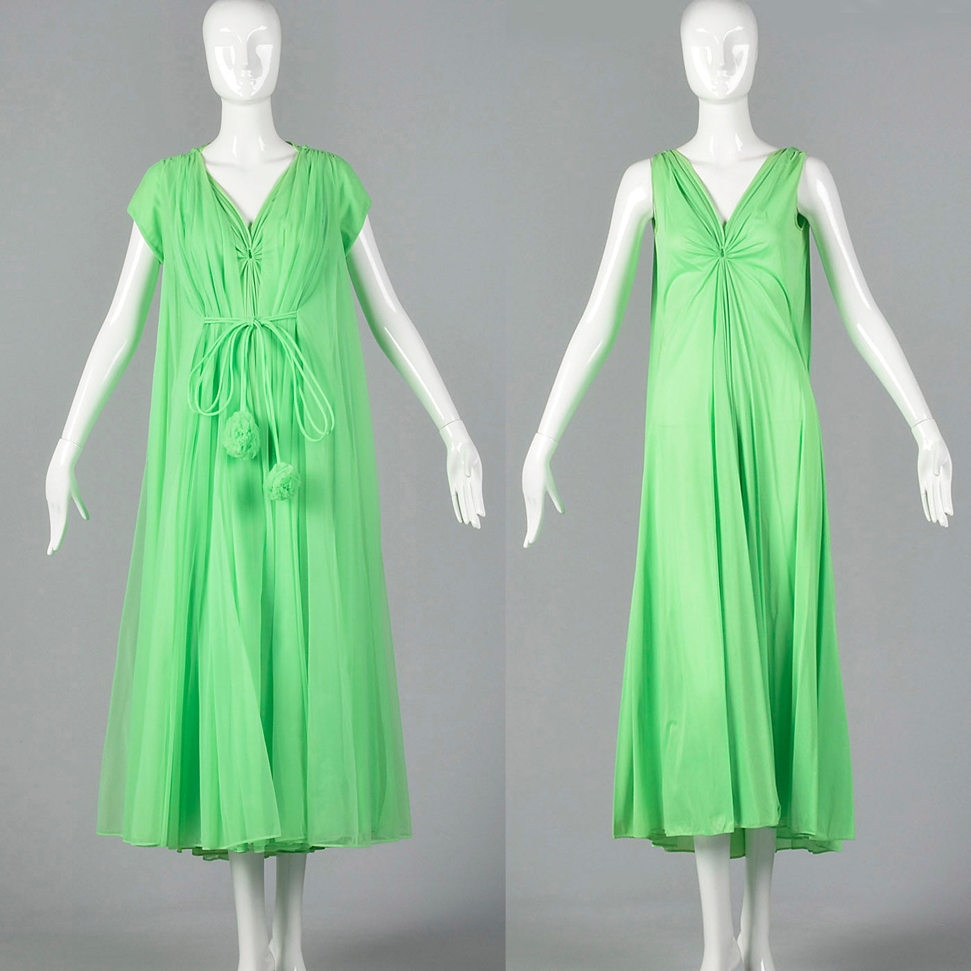 1960s Claire Sandra Lucie Ann Green Night Gown and Peignoir Set