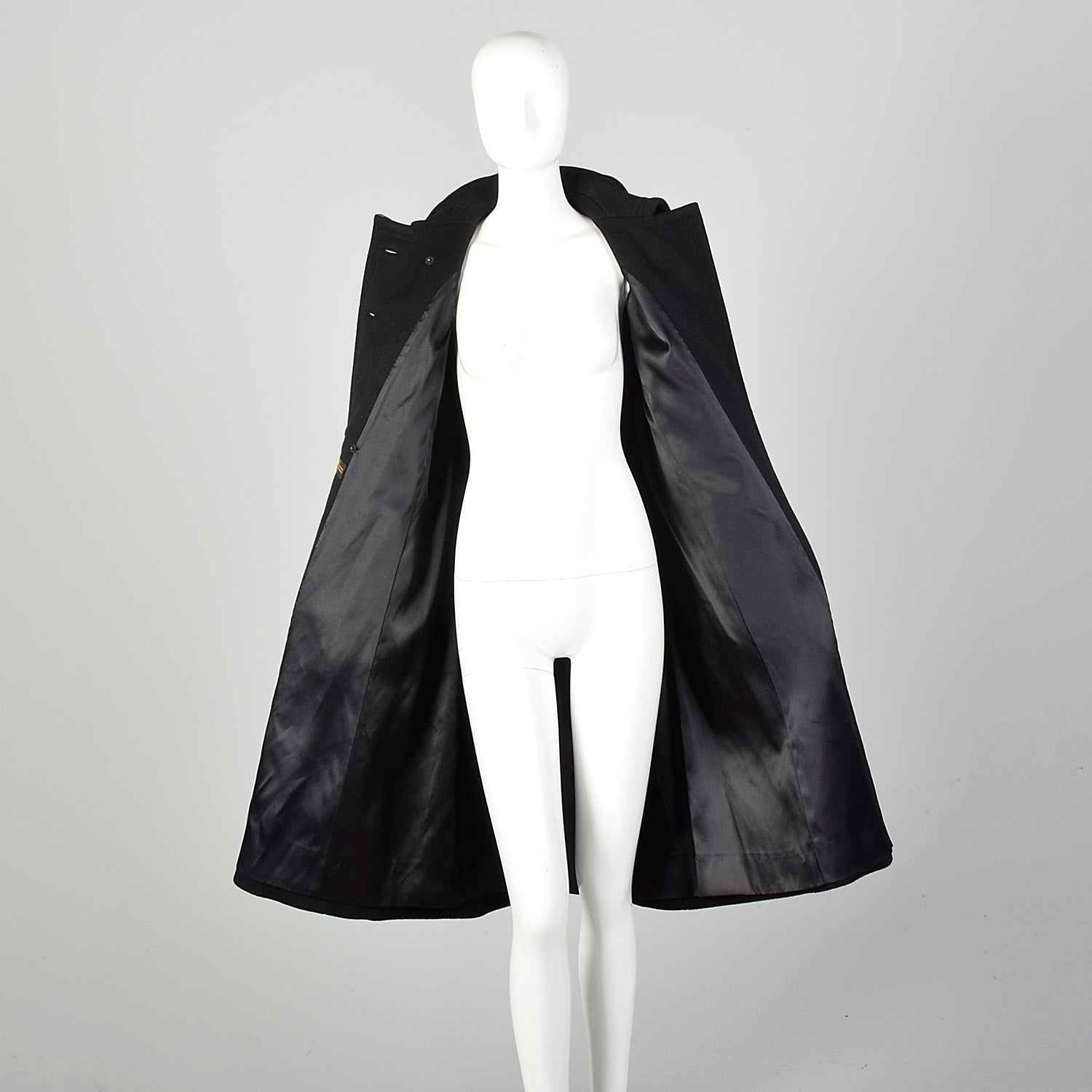 Small 1960s Mod Winter Coat Black Wool Double Breasted Overcoat