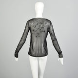 Small 1990s Black Mesh Top Embroidered Beaded Sexy Sheer 4 Way Stretch