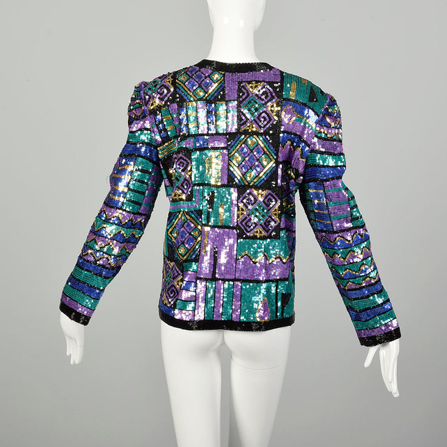 Large 1990s Geometric Color Block Sequin Jacket Holiday Party Separates