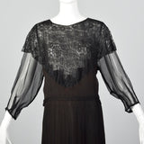 1930s Black Silk Dress with Sheer Lace Bust Panel
