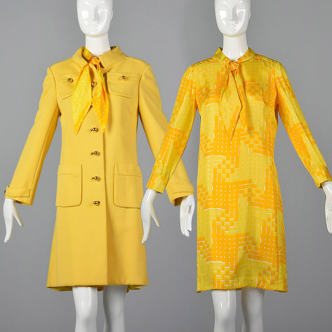 1960s Pat Sandler Bonwit Teller Yellow Silk Dress and Coat Set
