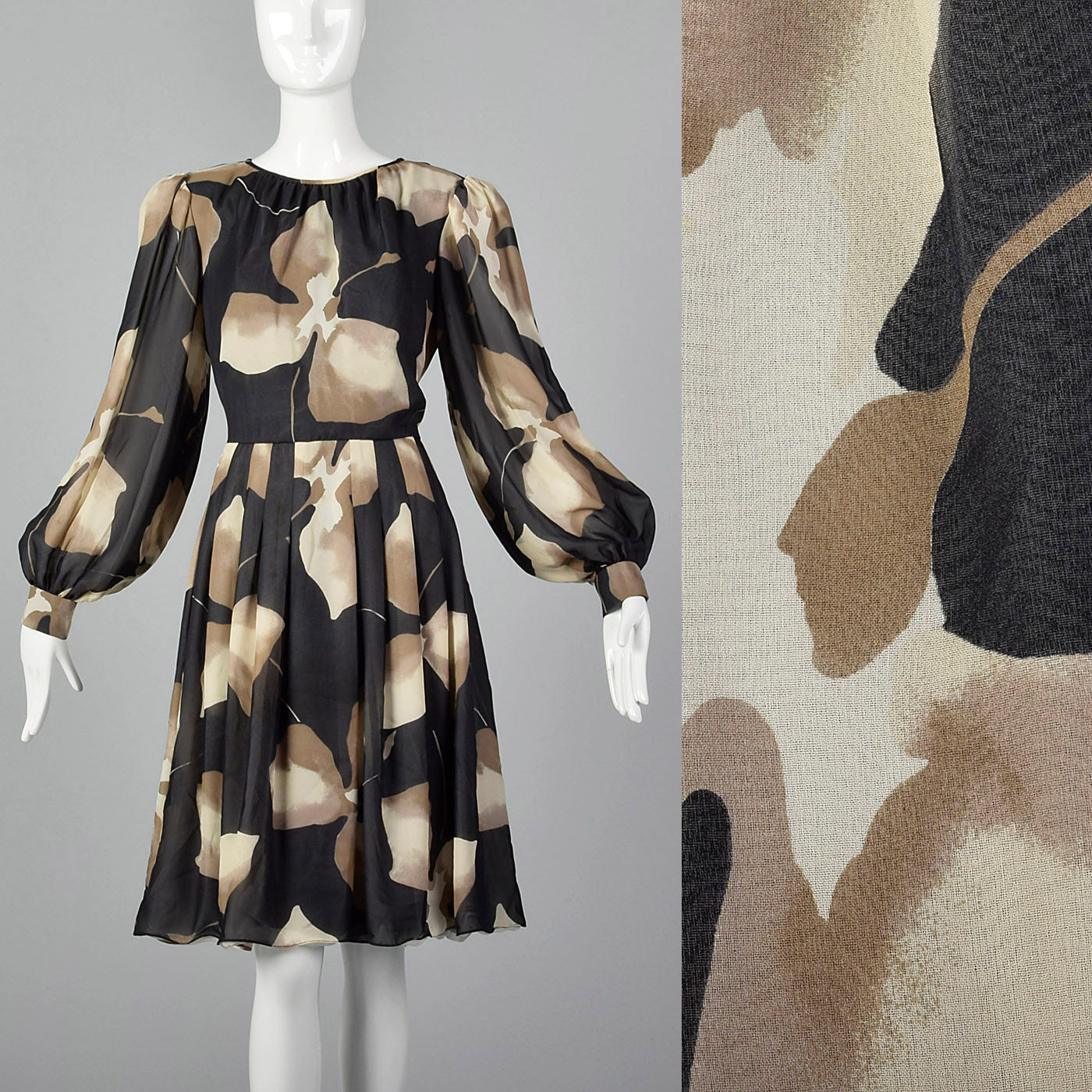 1980s Michael Novarese Tan Abstract Print Dress
