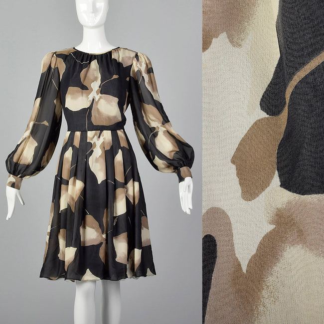 1980s Michael Novarese Tan Abstract Print Dress