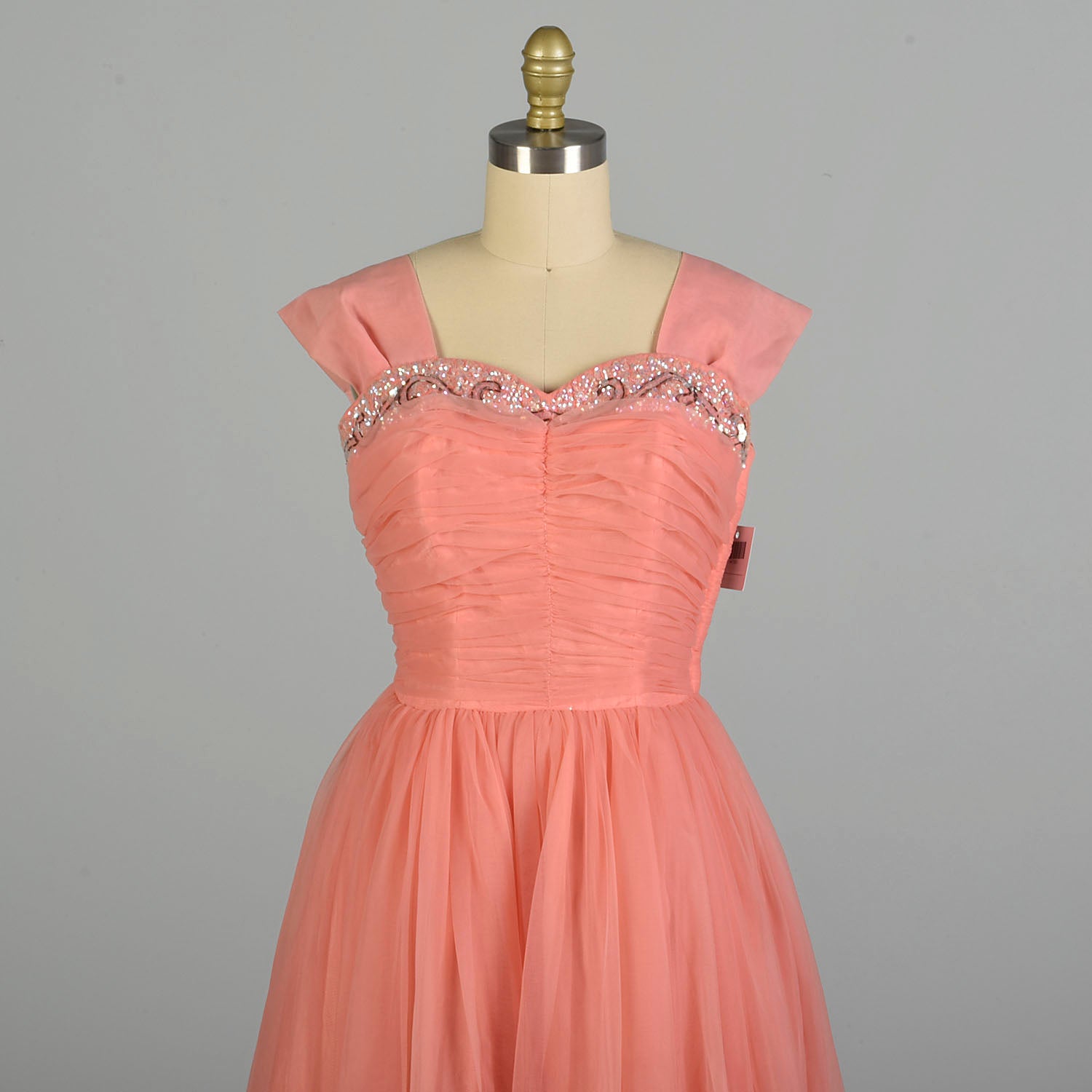 Small 1950s Pink Coral Prom Dress Bead Embellished Ruched Chiffon Bodice