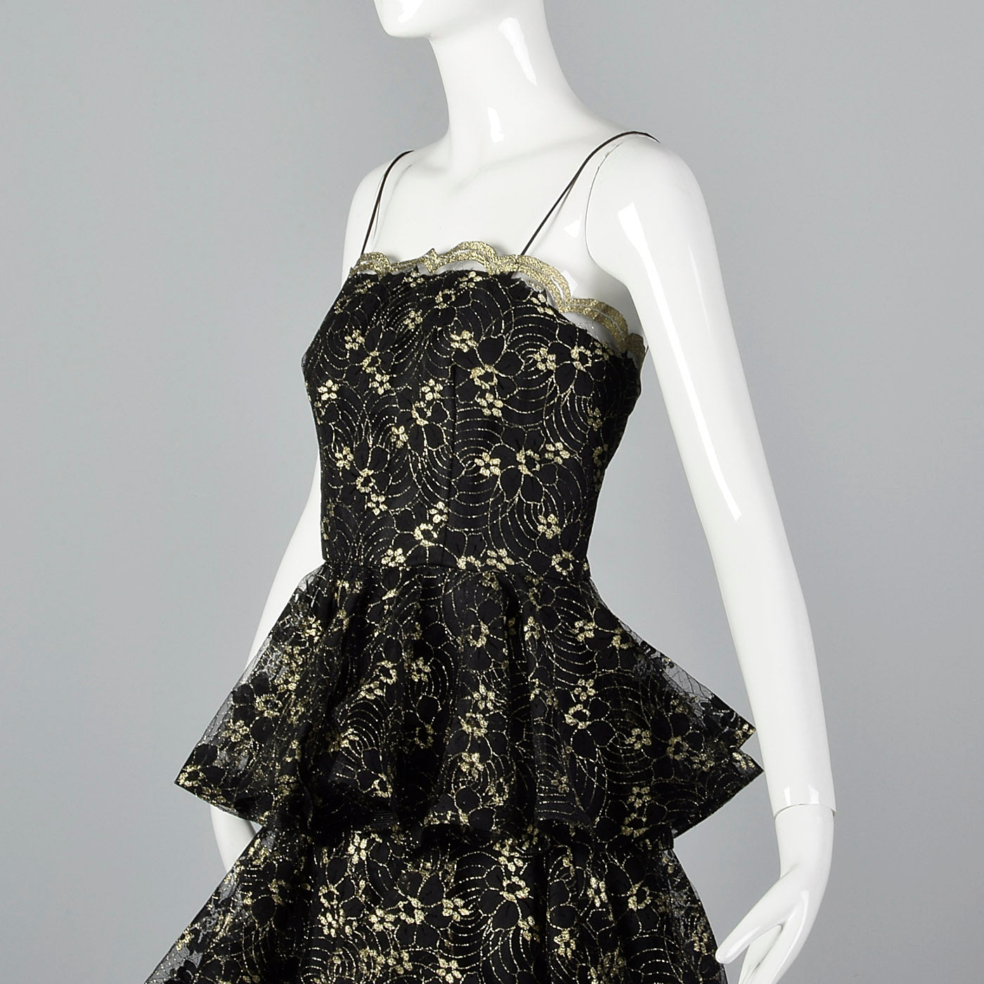 1980s Lillie Rubin Black & Gold Lace Dress with Layered Skirt
