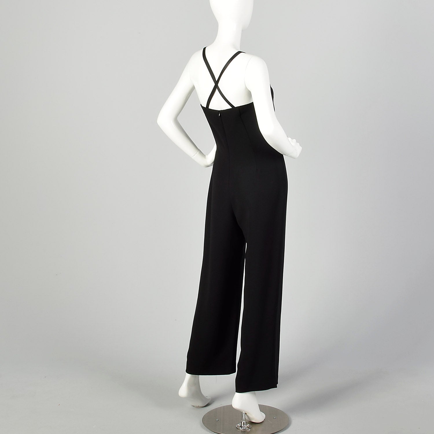Medium 1980s Alberto Makali Jumpsuit Black Tuxedo Sleeveless Racerback Romper