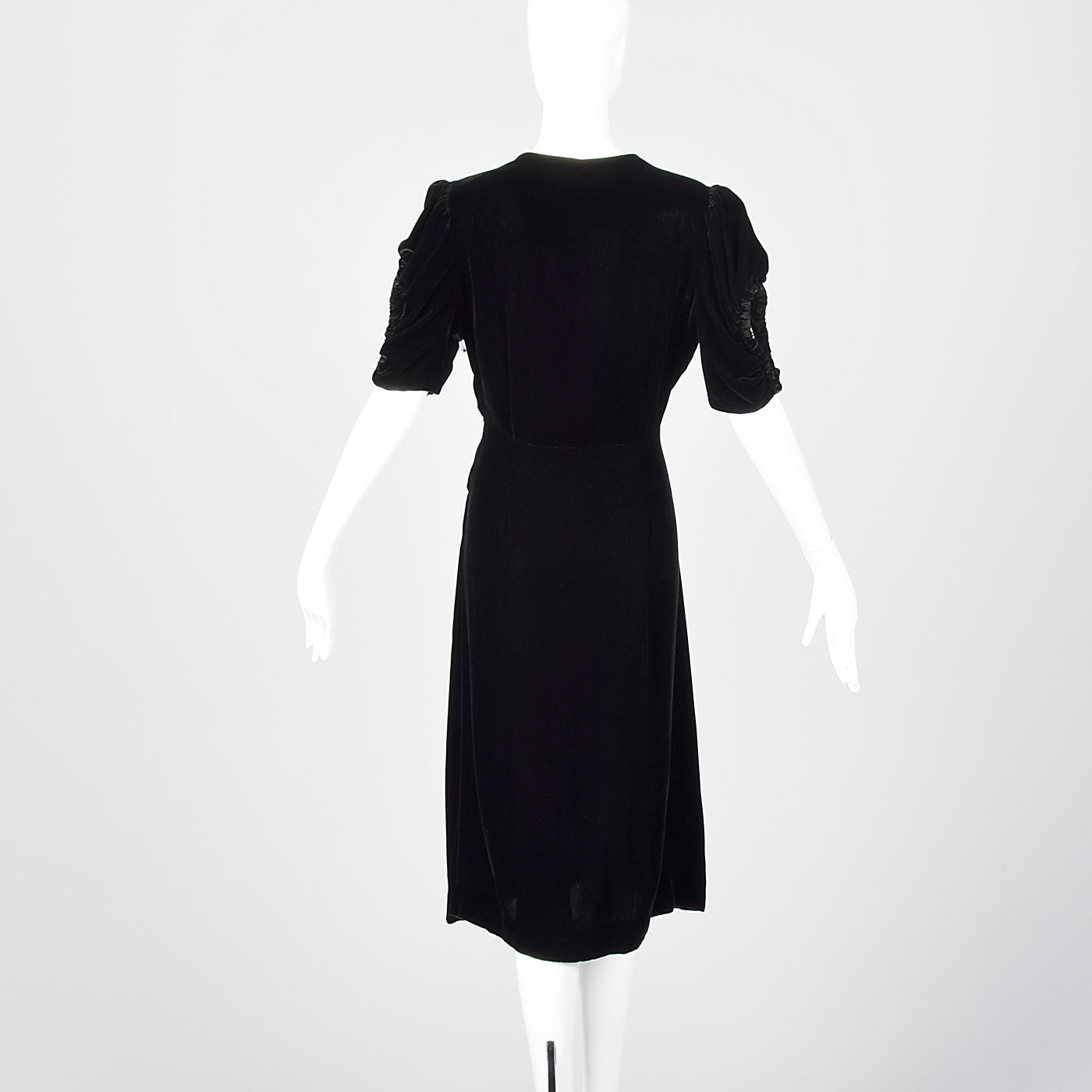 Large 1940s Black Velvet Dress with Open Sleeve Detail