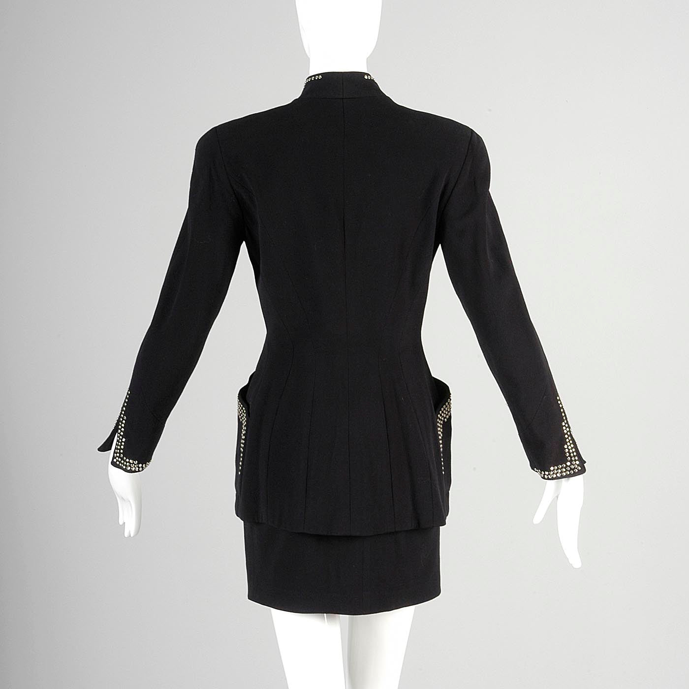 1990s Tadashi Curvy Black Skirt Suit with Silver Studs