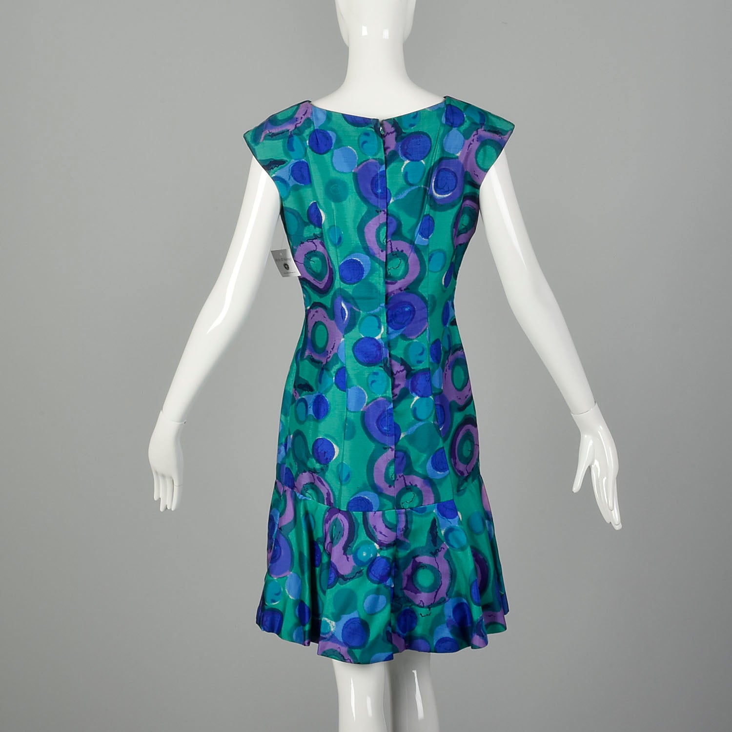 Large 1960s Dress Colorful Green Abstract Print Blue Sleeveless