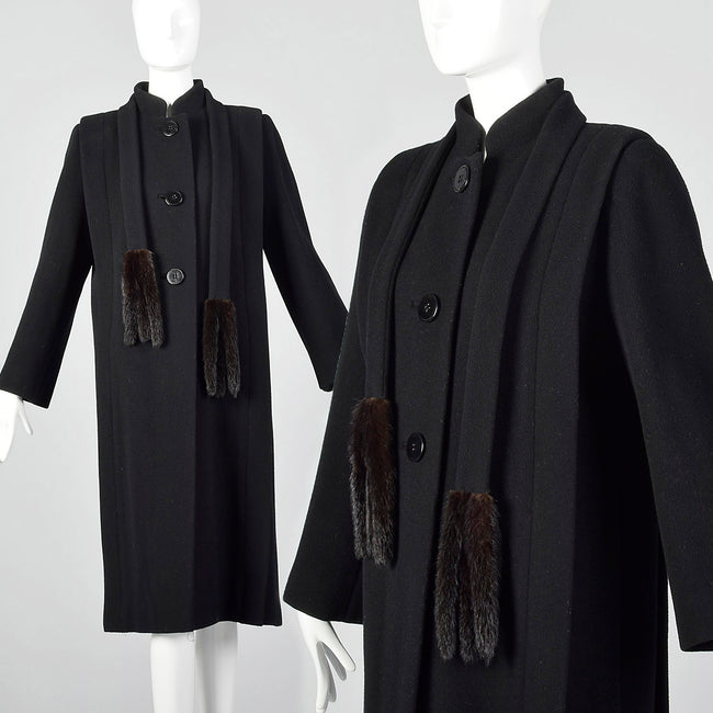 Small 1980s Pauline Trigere Black Wool Coat with Removable Mink Tail Scarf