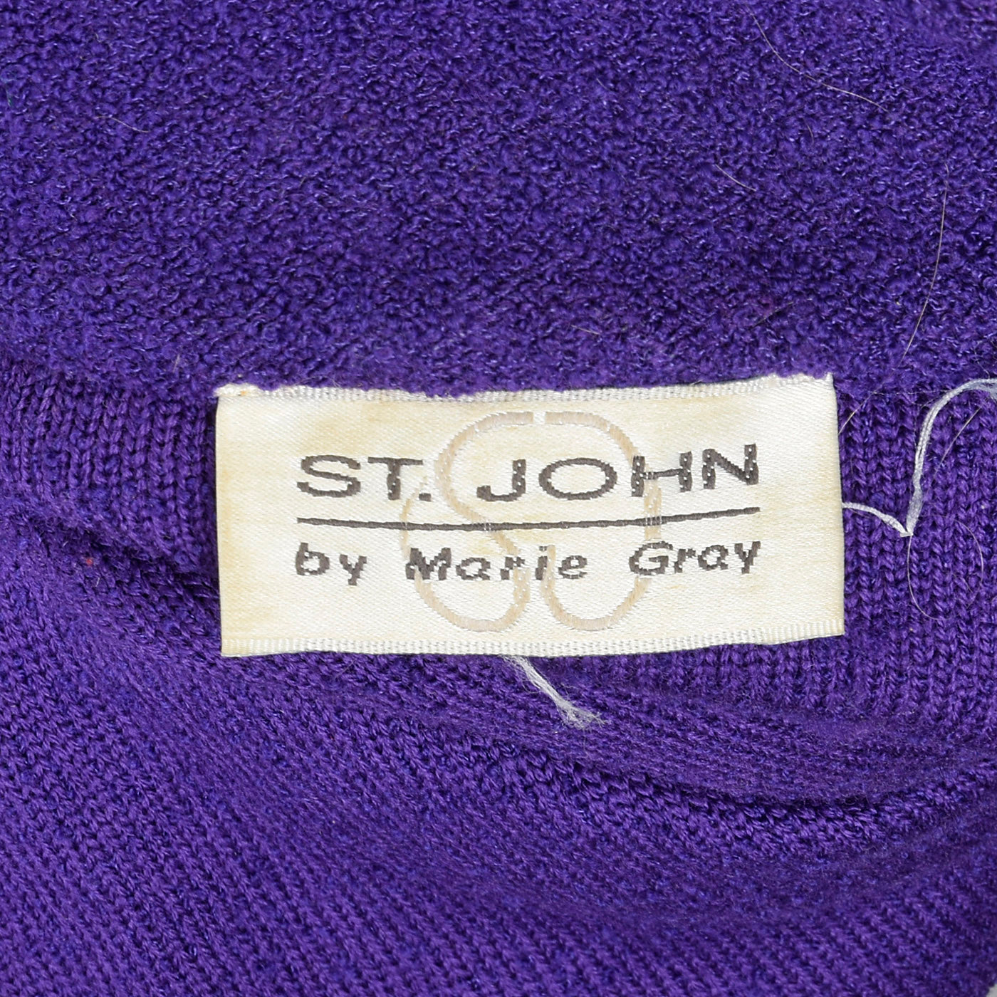 1980s St John Purple Knit Dress with Shoulder Pads and Gold Button Front