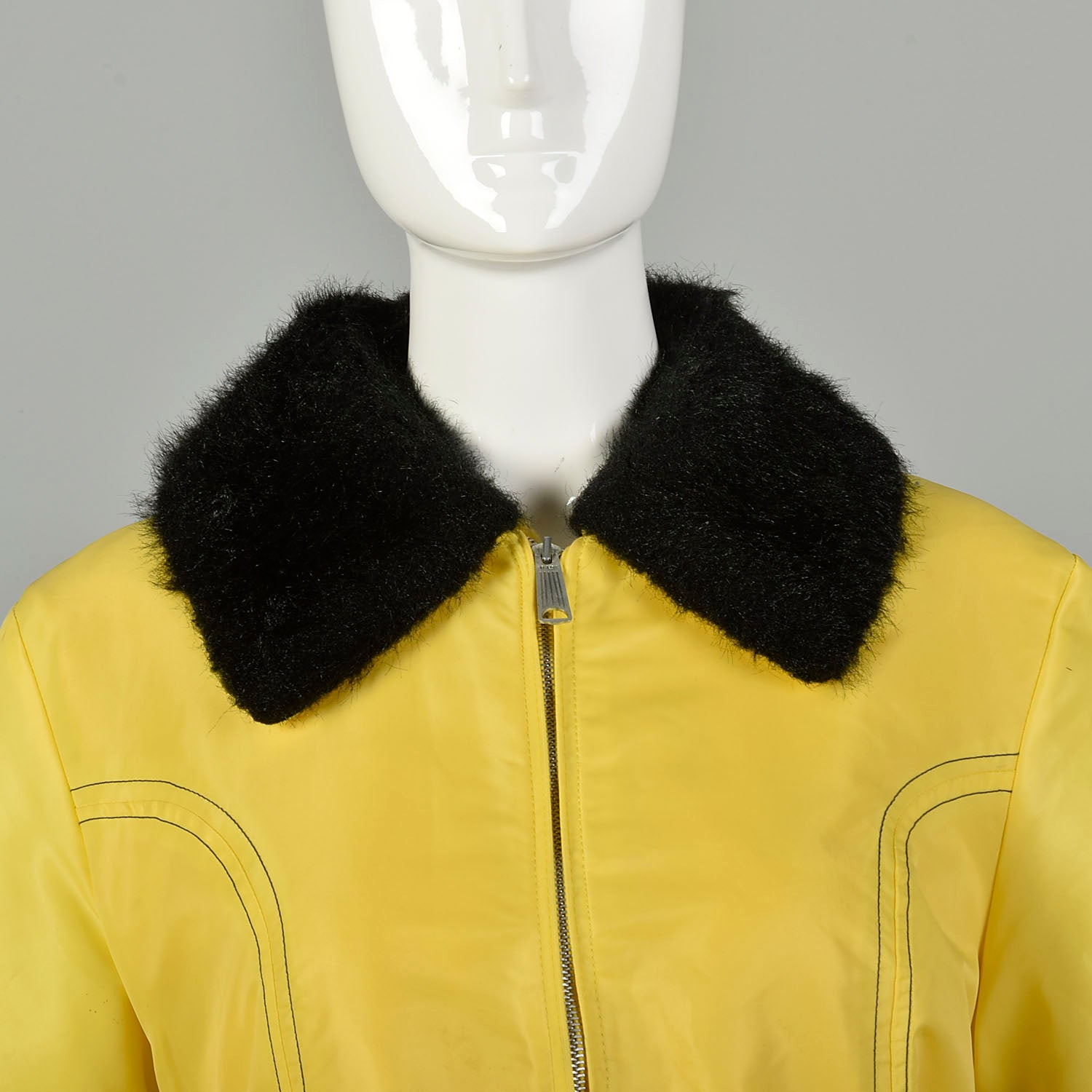 Medium 1970s Yellow Rain Coat Plush Lining Faux Fur Trim  Autumn Winter Jacket