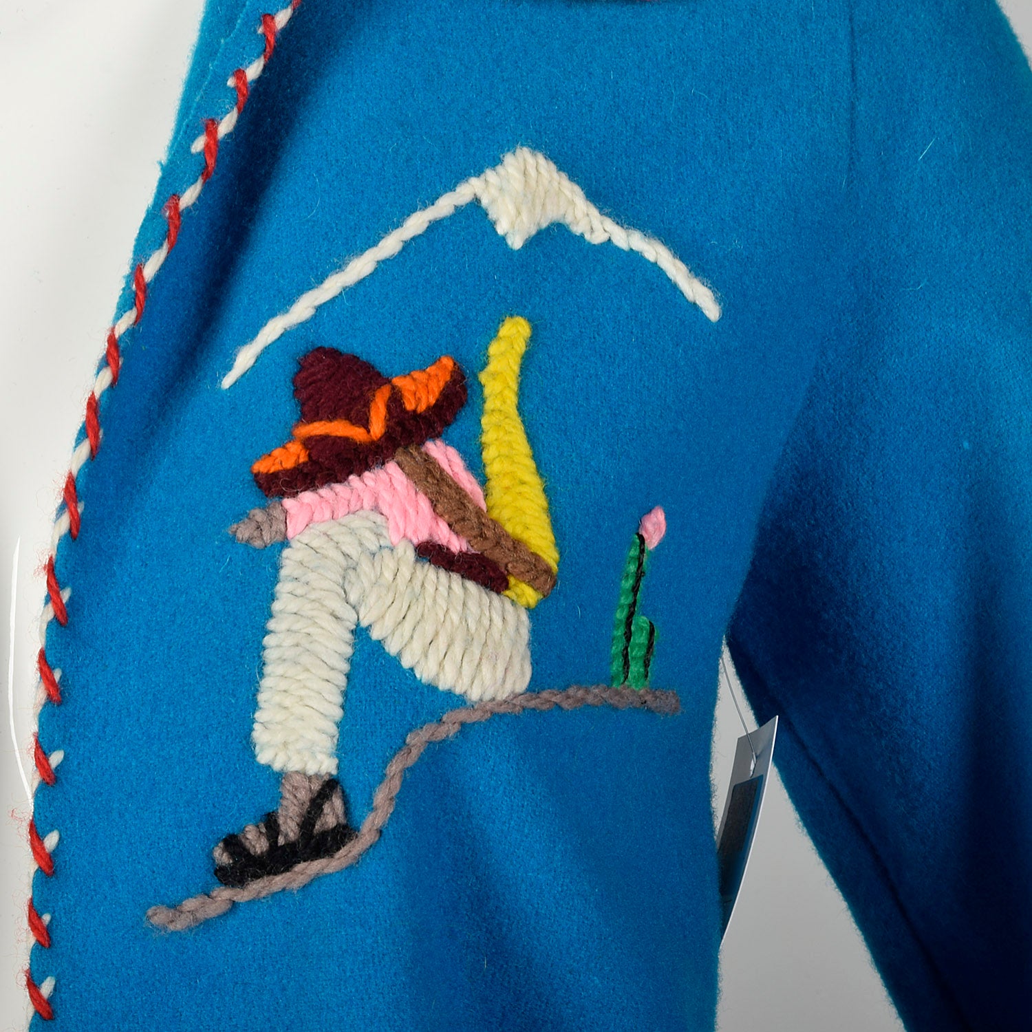 XXS 1950s Jacket Teal Blue Mexican Souvenir Tourist Wool Embroidery Horse Shoe Sombrero Village Scene