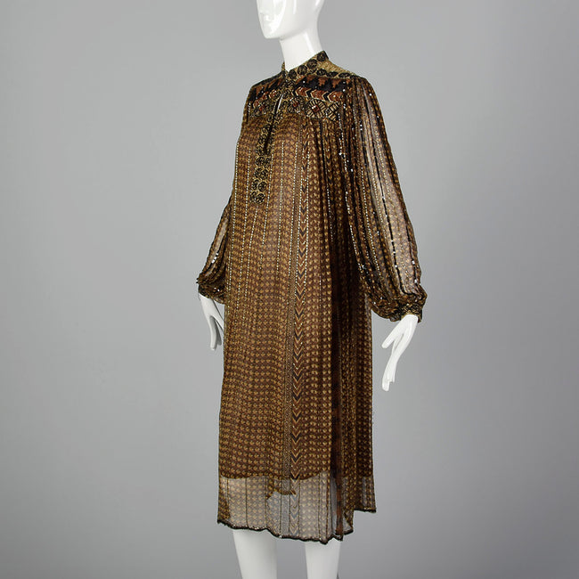 Medium 1970s Judith Ann Creations Brown Silk Beaded Dress