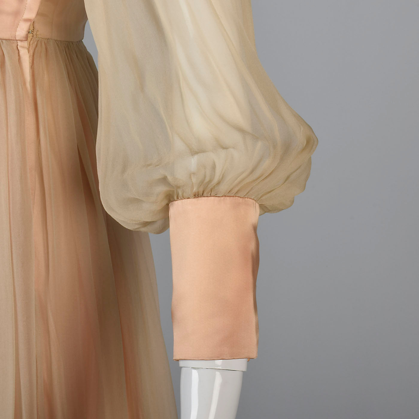 1950s Nude Silk Chiffon Dress with Bishop Sleeves