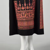 XL 1970s Neiman Marcus Black Dress Wool Embroidered Kaftan