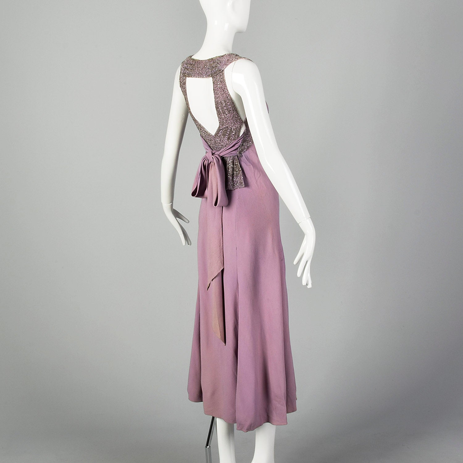 XXS 1930s Lucile Paray Bias Cut Lavender Beaded Evening Dress Keyhole Back