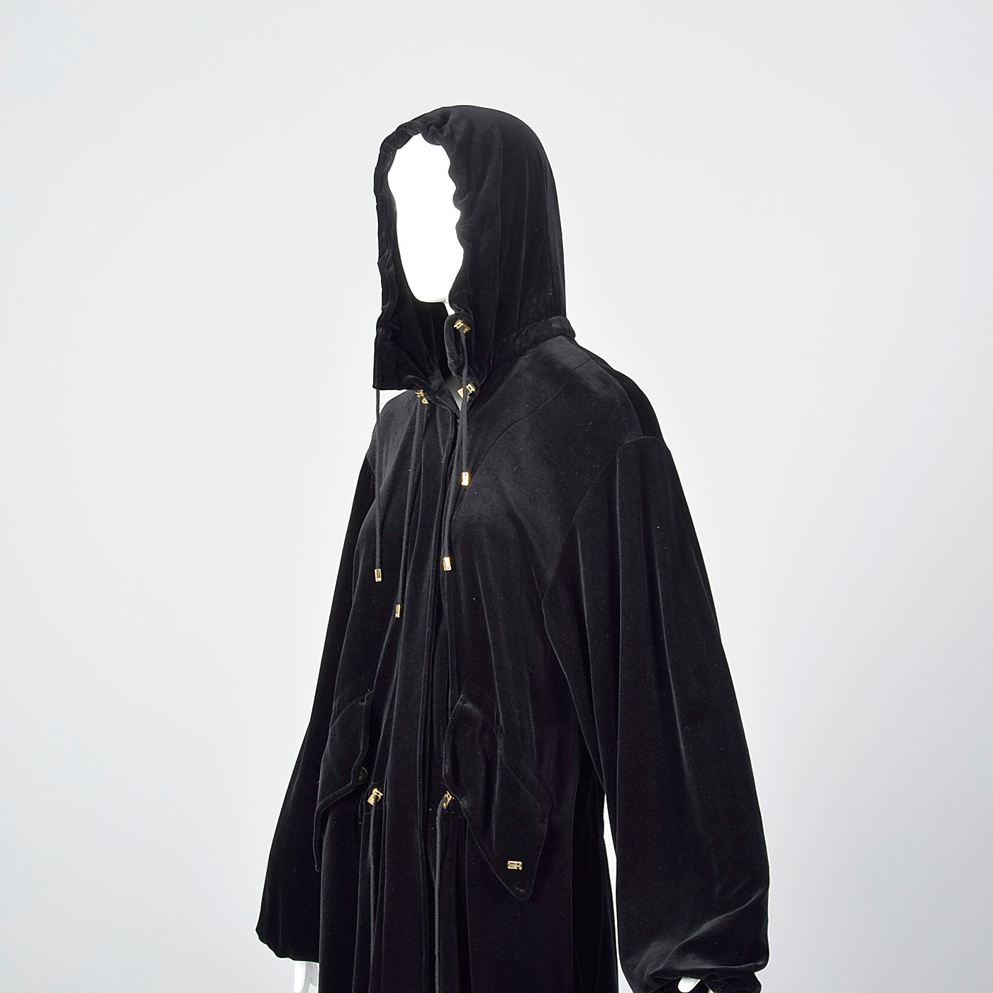 1990s Sonia Rykiel Loose Black Velvet Hooded Coat