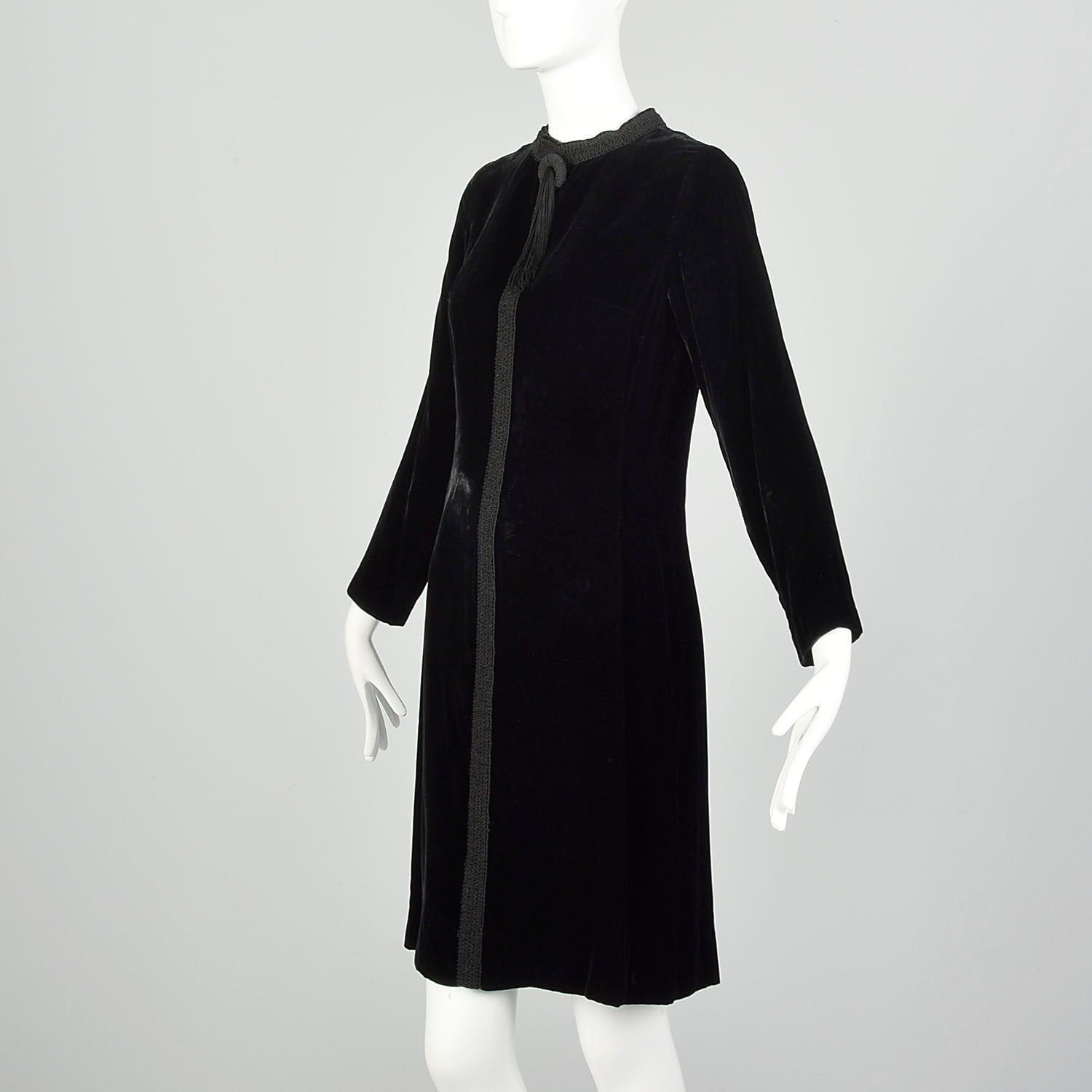 Small 1960s Dress Black Velvet Long Sleeve Above-the-Knee Tassel Details