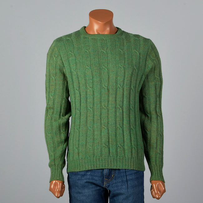 1960s Mens Green and Brown Cable Knit Sweater
