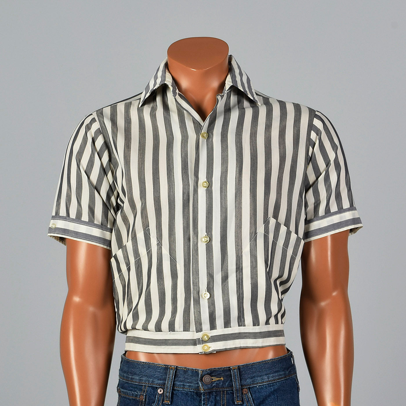 1950s Grey and White Striped Cropped Shirt