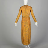 1970s Adele Simpson Evening Dress Metallic Orange Formal Gown with Long Sleeves