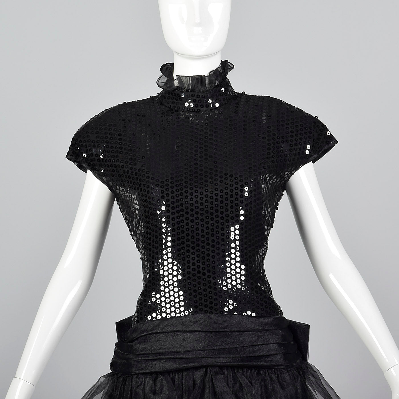 1980s Tadashi Black Sequin Dress with Drop Waist and Ruffle Skirt