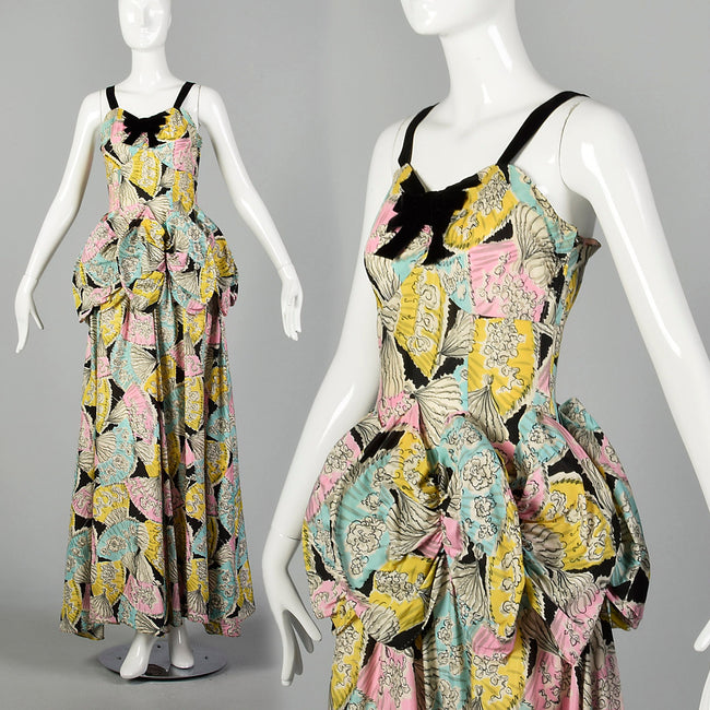 1940s Novelty Print Taffeta Evening Dress with Pastel Fans