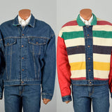 Large Levis Hudson Bay Striped Blanket Lined Denim Reversible Jean Jacket Winter Outerwear