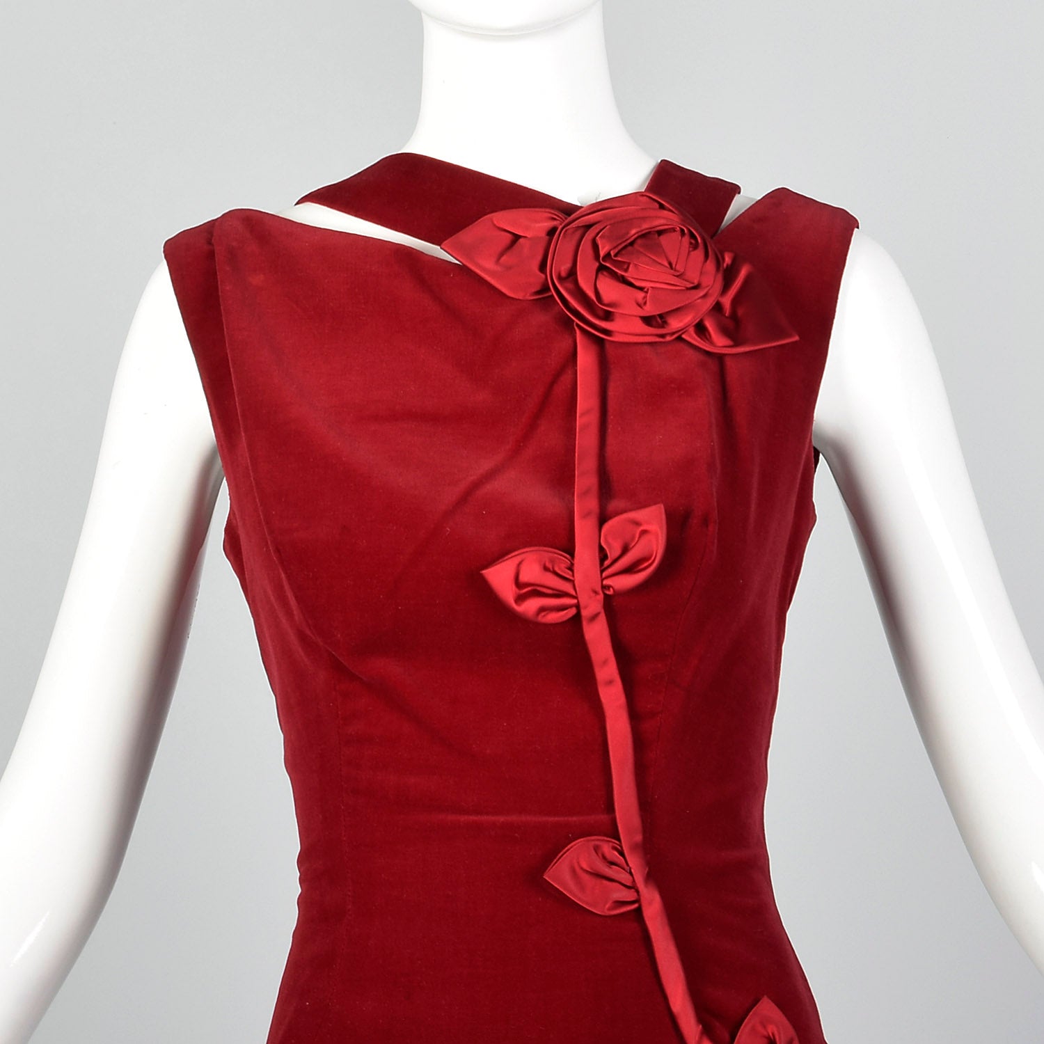 1960s Red Velvet Dress with Asymmetrical Neckline