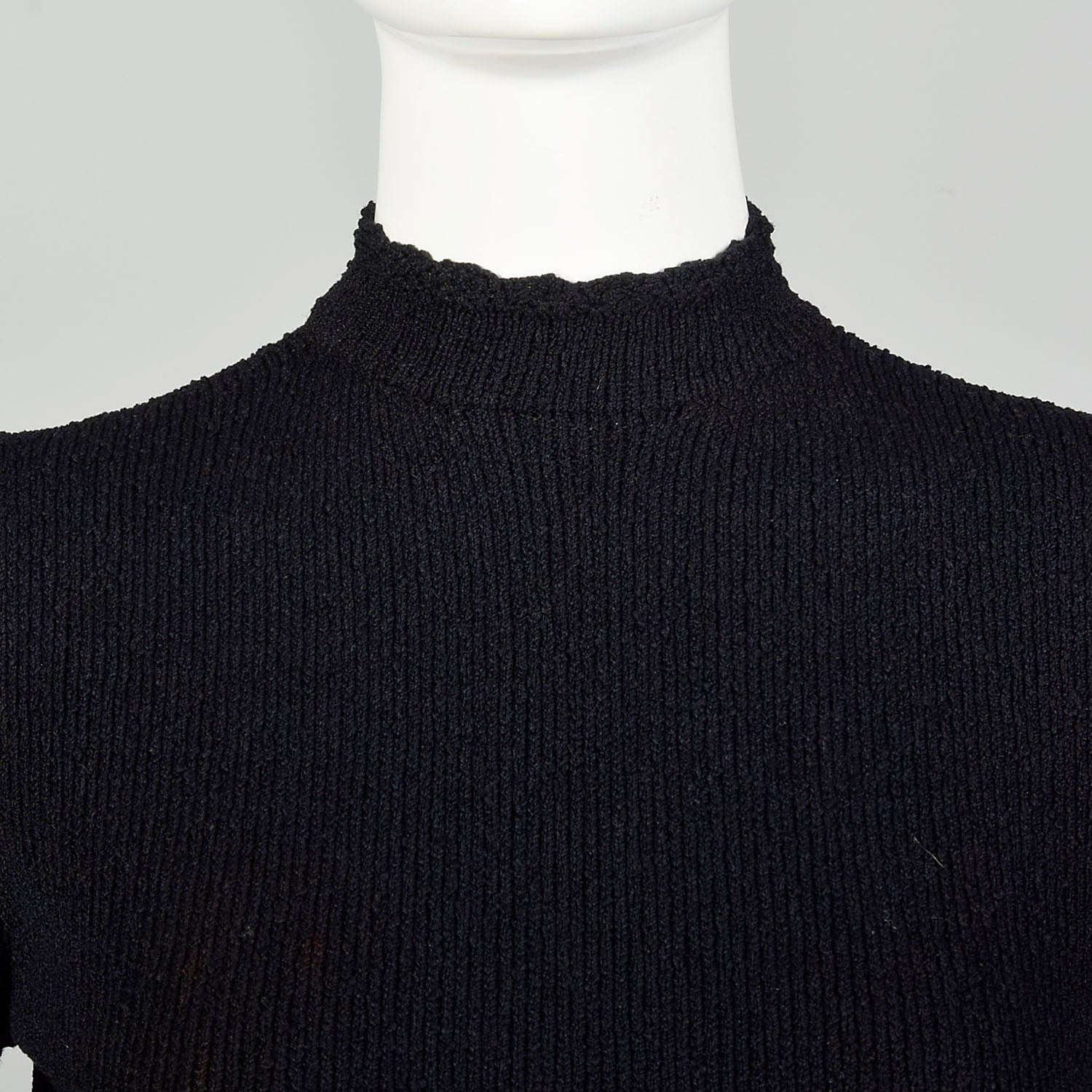 Medium 1970s Black Dress Yellow Floral Embroidery Long Sleeve Tie Waist Knit