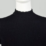 Medium 1970s Black Dress Yellow Floral Embroidery Long Sleeve Tie Waist Knit