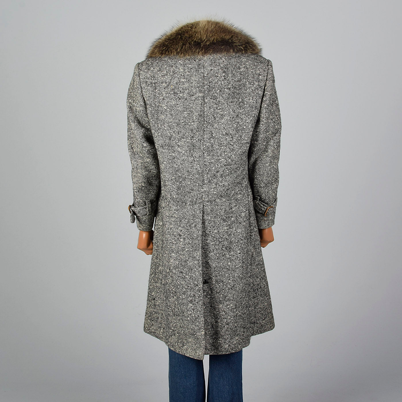 1970s Mens Wool Tweed Coat with Raccoon Fur Collar