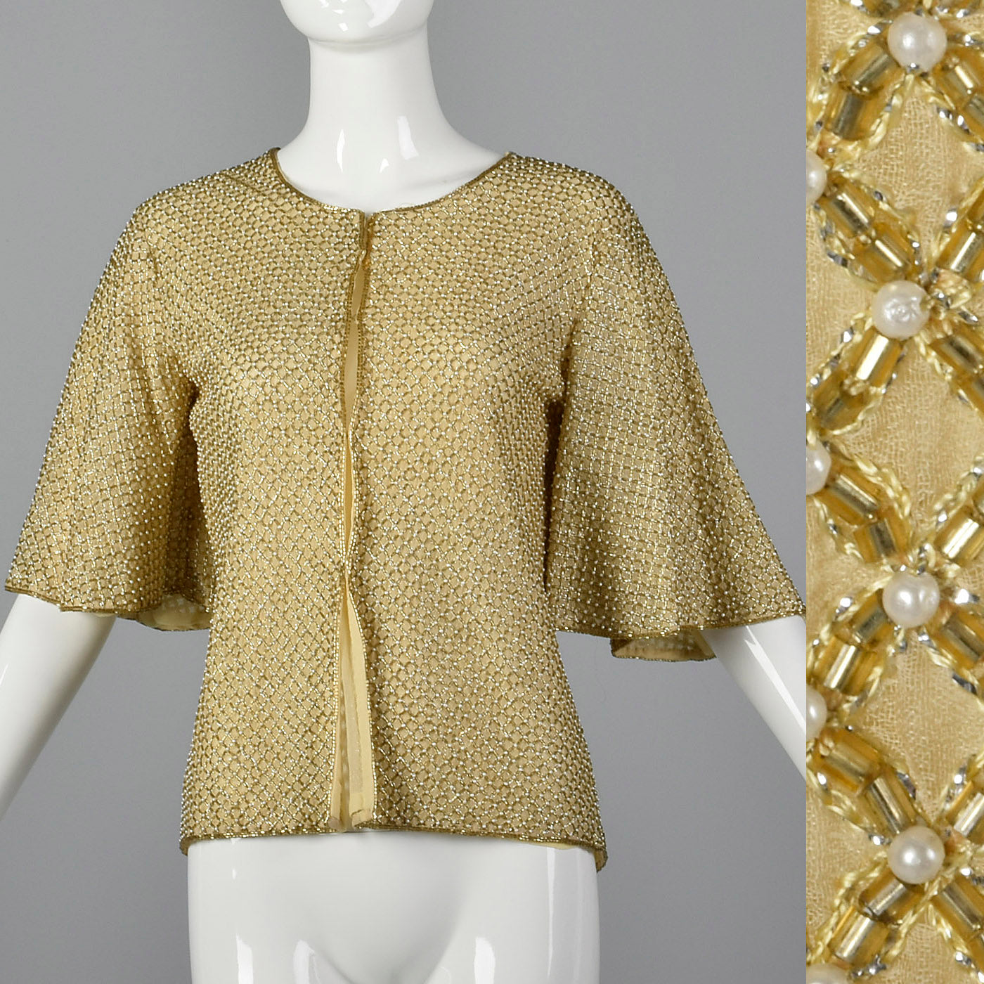 1960s Gold Beaded Cardigan with Flutter Sleeves