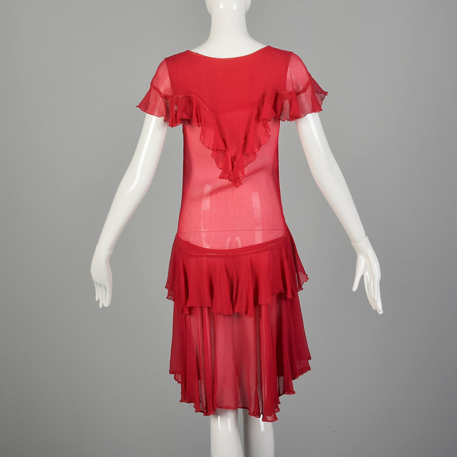 XXS 1920s Flapper Dress Crinkle Red Silk with Flirty Ruffles