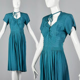1940s Teal Rayon Dress with Neck Tie