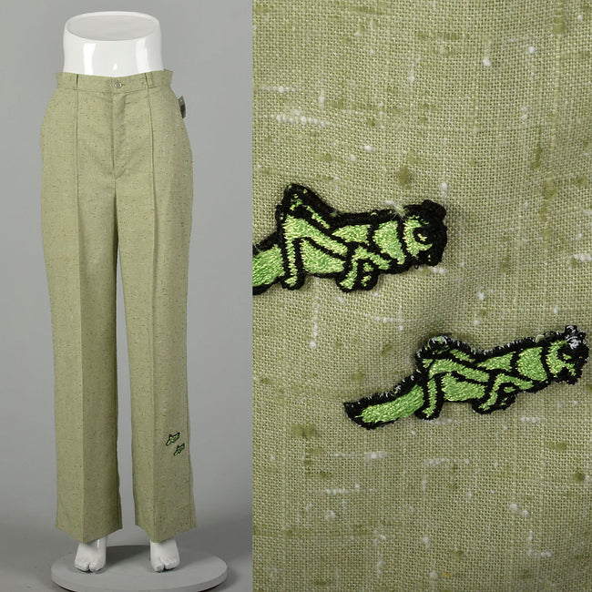 Medium 1970s Pants Green Grasshopper Applique Wide Leg High Waist