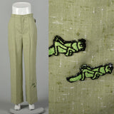 Medium 1970s Pants Green Grasshopper Applique Wide Leg High Waist