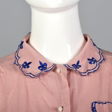 1940s Pink Rayon Blouse with Blue Embroidery