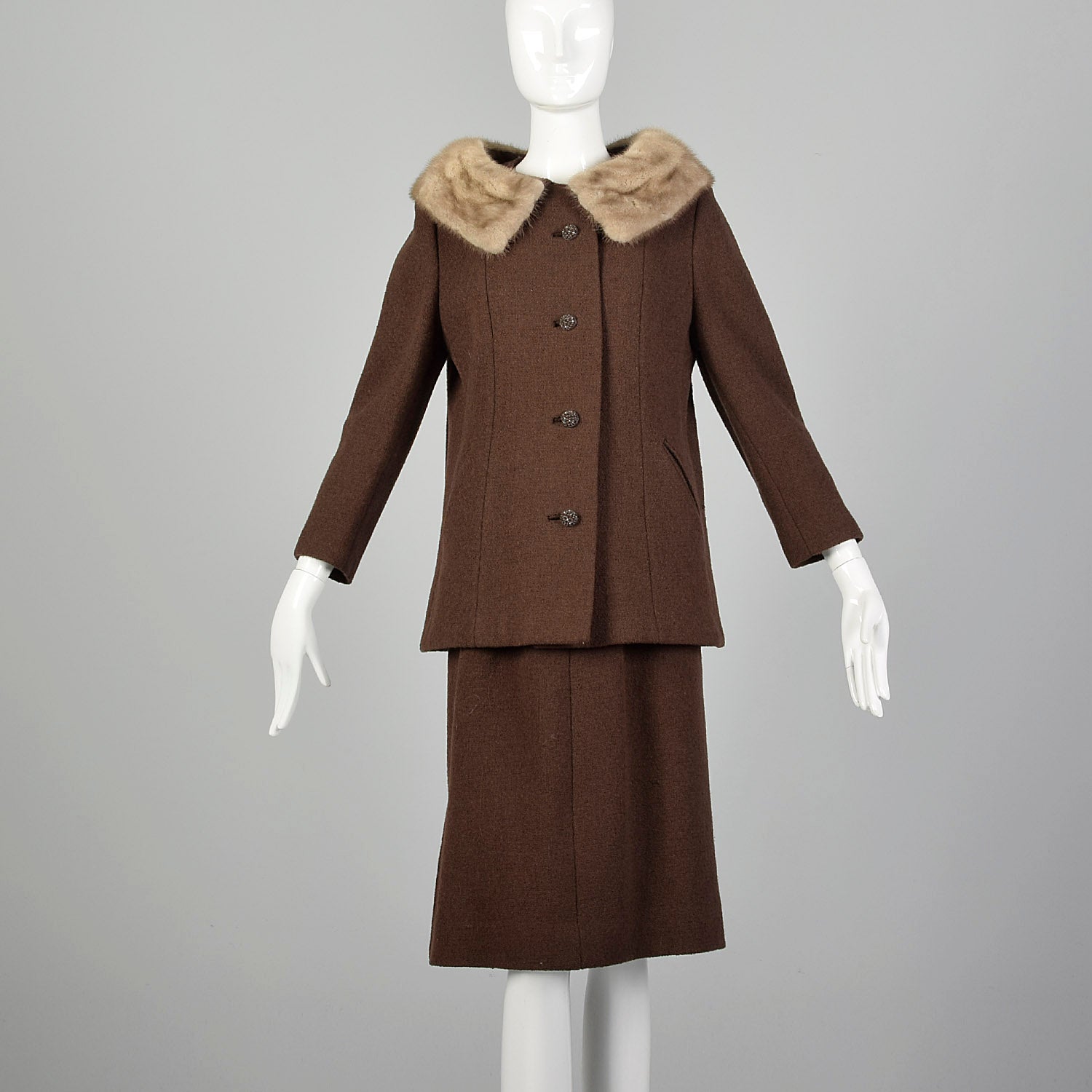 Small 1960s Brown Tweed Skirt Suit with Mink Collar