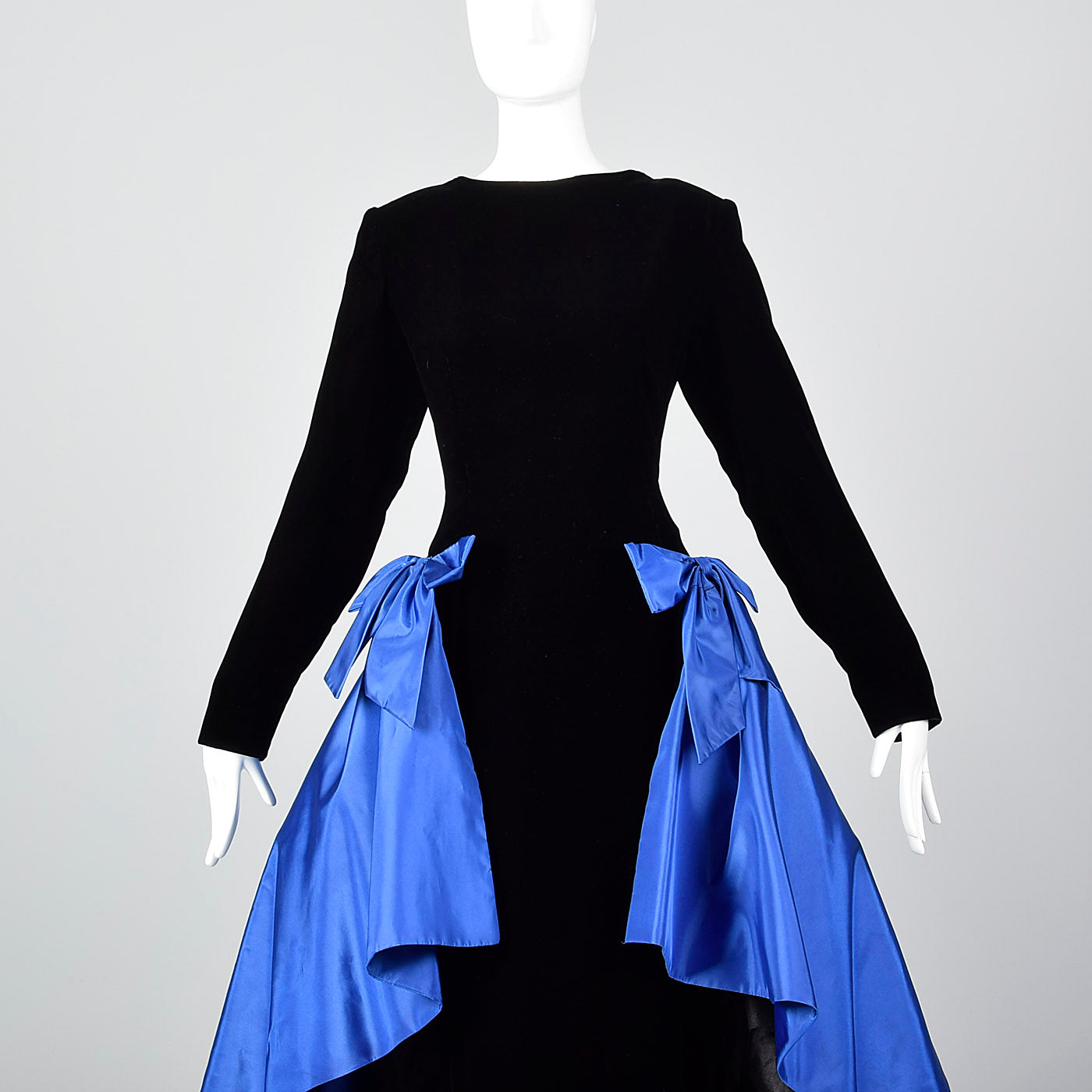 Pilar Rossi Unique Black Velvet Gown with Dramatic Blue Taffeta Peplum