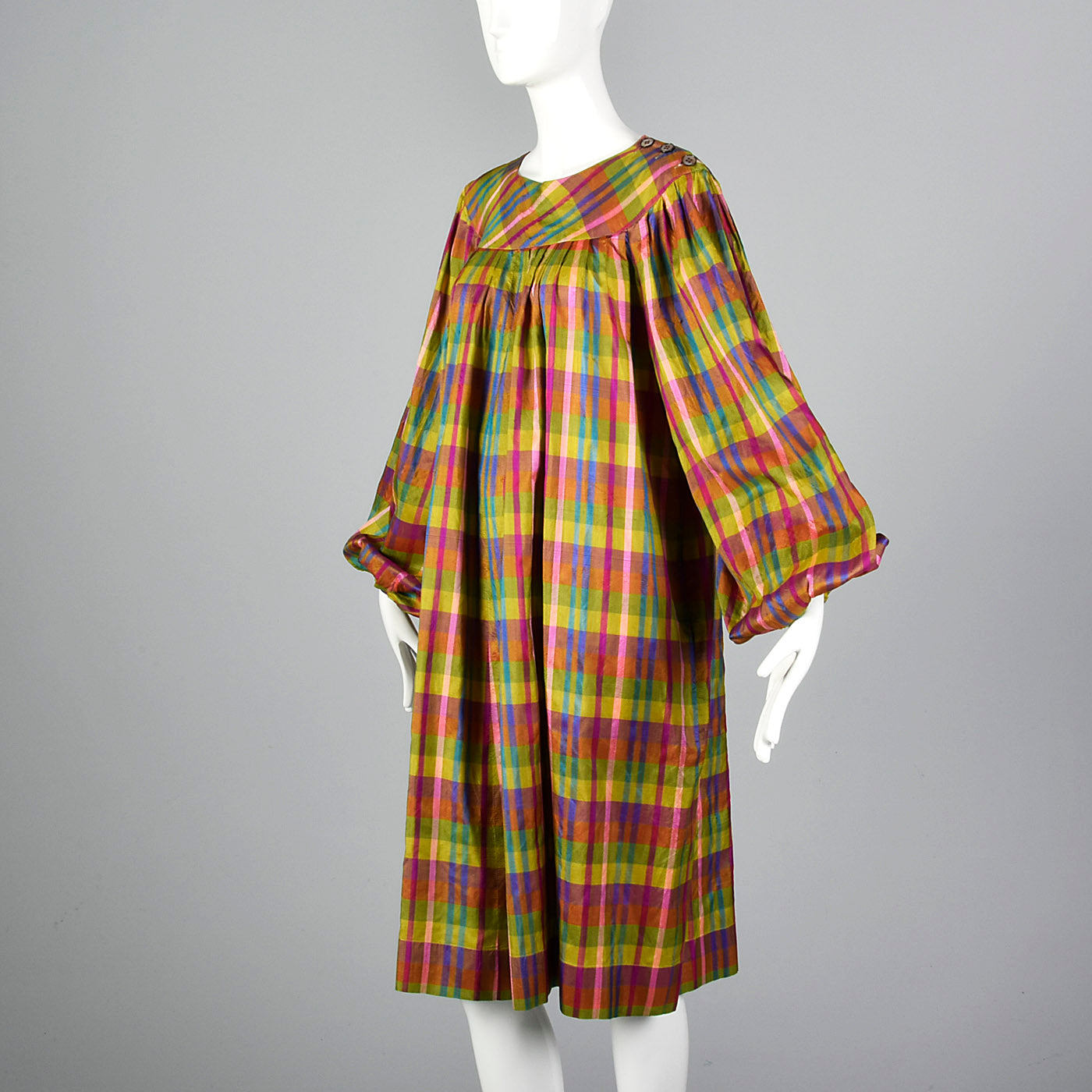 1970s Lanvin Lightweight Silk Dress in Rainbow Plaid with Huge Balloon Sleeves