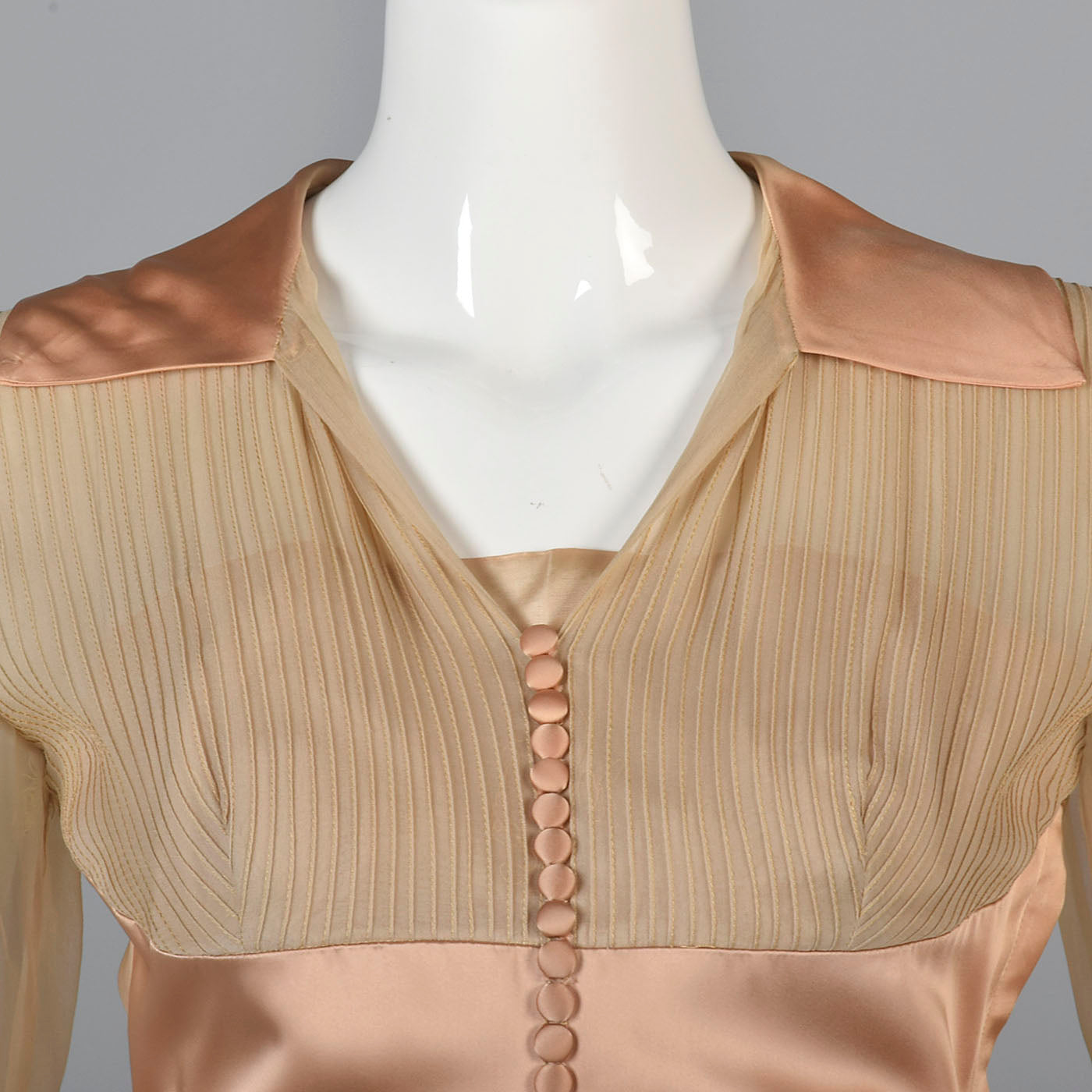 1950s Nude Silk Chiffon Dress with Bishop Sleeves